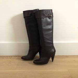 LANVIN chocolate leather boots w/ blue heel - 36